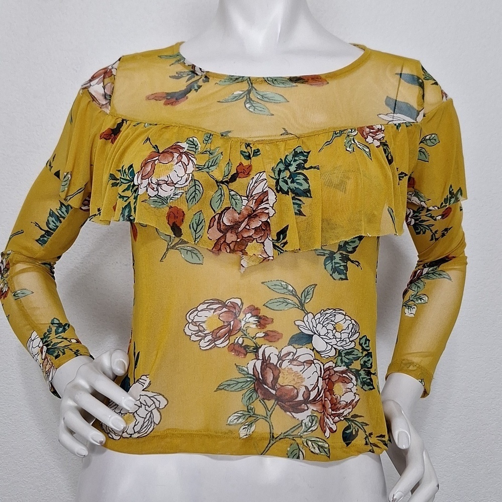 Haute Monde (NEW) Floral Bohemian Hippie Boho Mesh Ruffle Sheer Blouse Size S